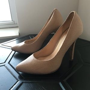 Tan, snakeskin-textured Cole Haan heels